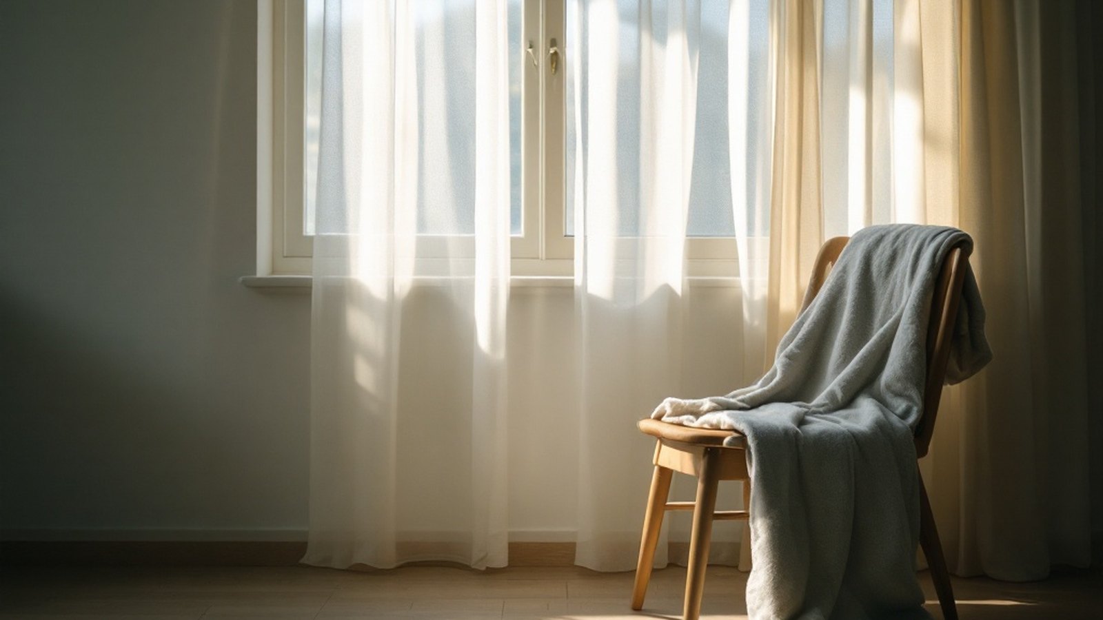 An open window with a light curtain moving gently, daylight beyond, peaceful